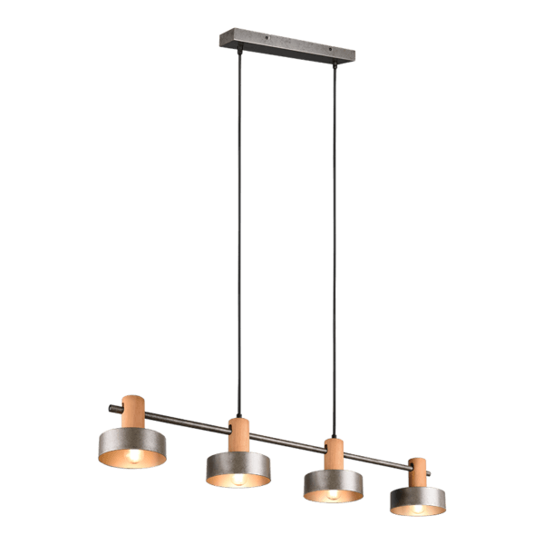 Lámpara Colgante Vintage GAYA de 4 Bombillas en Níquel Antiguo con Elementos de Madera - Color: Níquel antiguo - Material: Metal