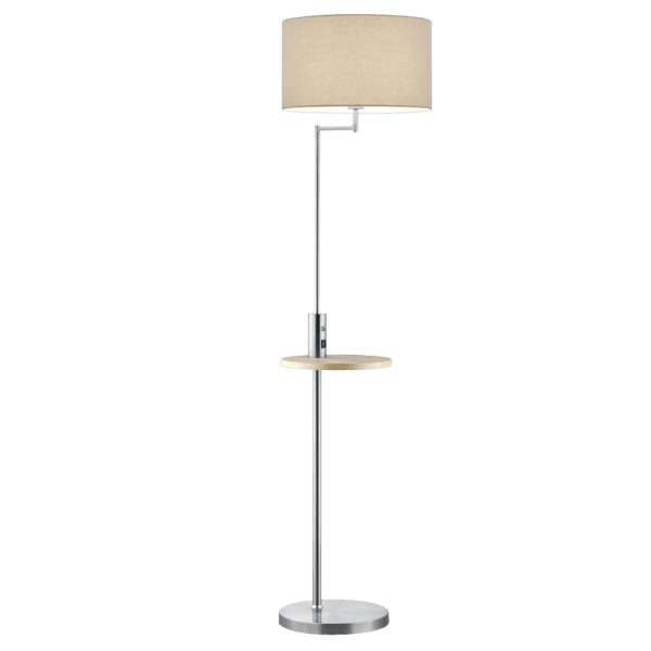 Lámpara de Pie CLAAS con Mesa y Carga USB, Diseño Moderno en Níquel Mate y Tela Gris - Color: Níquel mate - Material: Metal