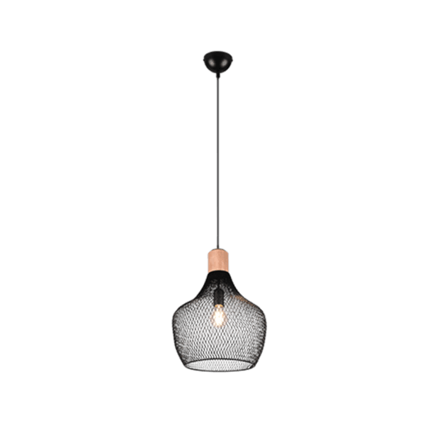 Lámpara Colgante VALERIA en Metal Negro Mate y Madera - Diseño Moderno y Eficiente - Color: Estera negra - Material: Metal