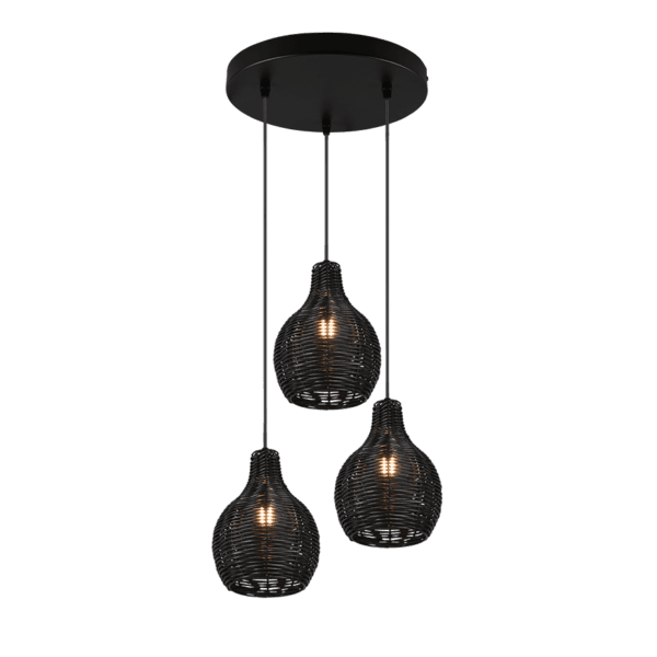 Lámpara Colgante SPROUT Tres Luces en Ratán Negro - Estilo Boho y Eficiencia LED - Color: Negro - Material: Malla de Rattan