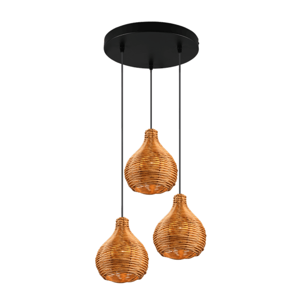 Lámpara Colgante SPROUT 3 Luces de Ratán y Tela Beige - Decoración Boho Chic - Color: acabado natural - Material: Malla de Rattan