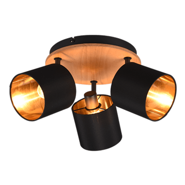 Foco de Techo Tommy - Lámpara de Tres Cabezas Negro Mate y Tela Dorada, Estilo Moderno - Color: Color madera - Material: Metal