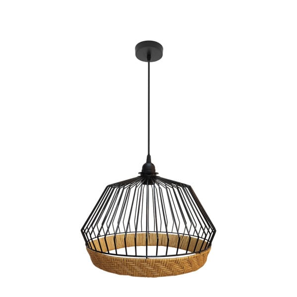 Colgante Hugo 1xe27 Negro/natural Regx36x36cm C/metal Y Rattan